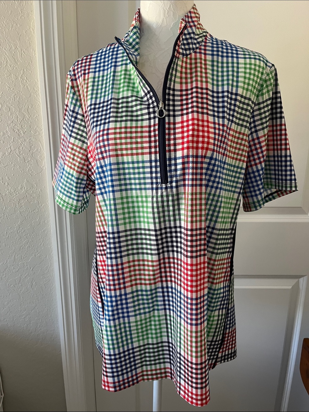 Kinona Red Blue Green Plaid Short-Sleeve Zip Golf Active Polo NWOT SZ XL